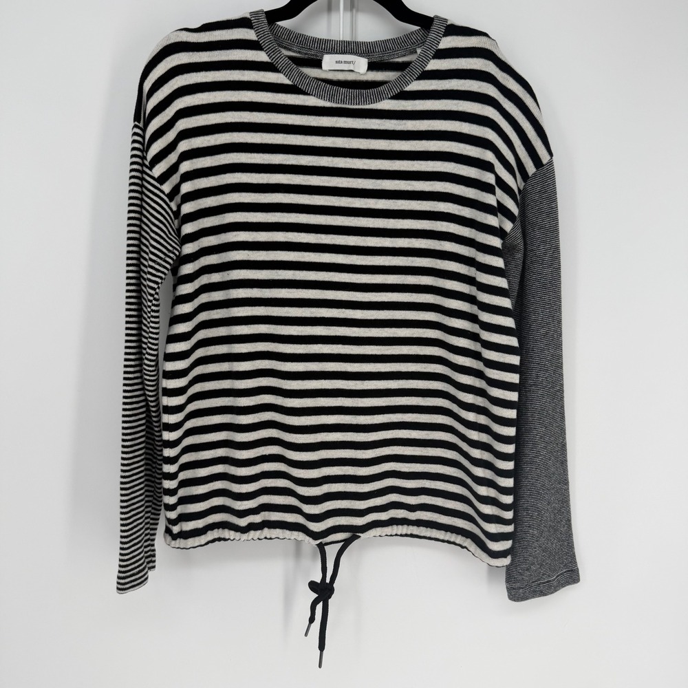 Sita Murt Striped Knit Sweater Women 40 M Black White Drawstring Hem Scandi Chic